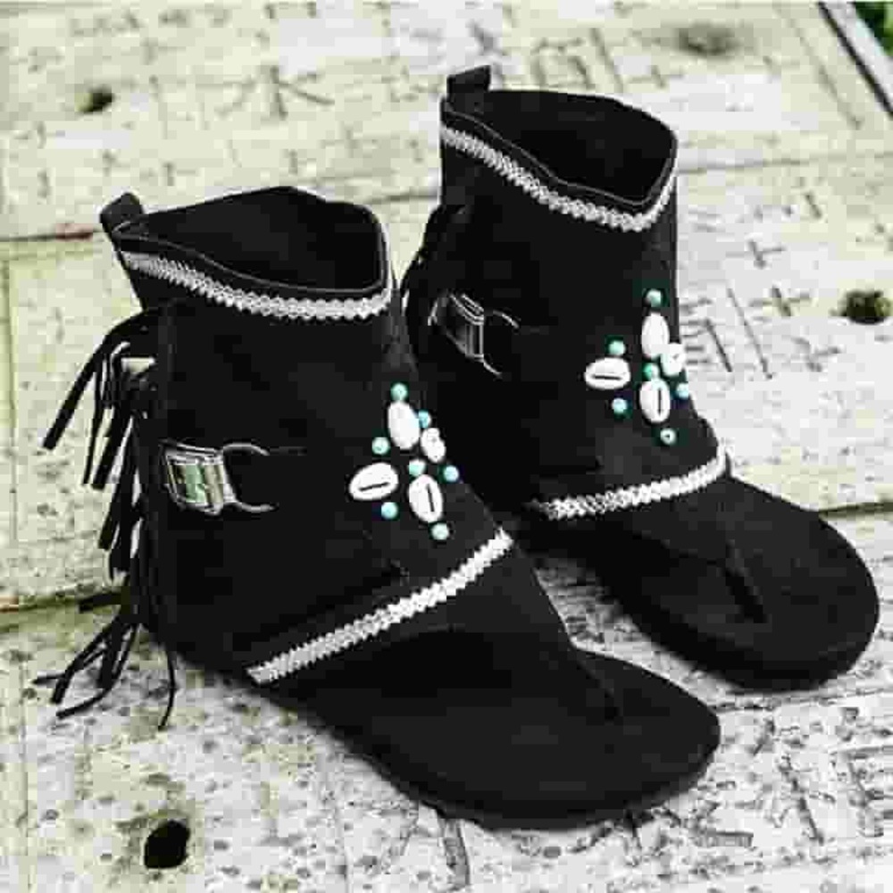 Black Fringe Ankle Boots with Beaded Design